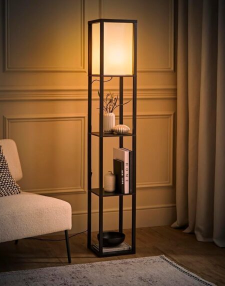 Black Wooden Floor Lamp with Shelves