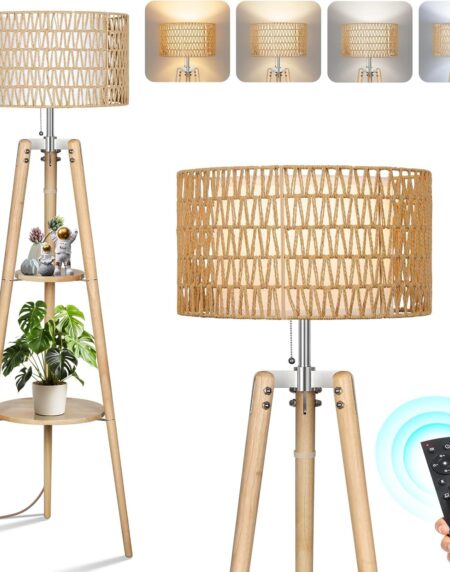 Wood Tripod Floor Lamp with Rattan & Linen